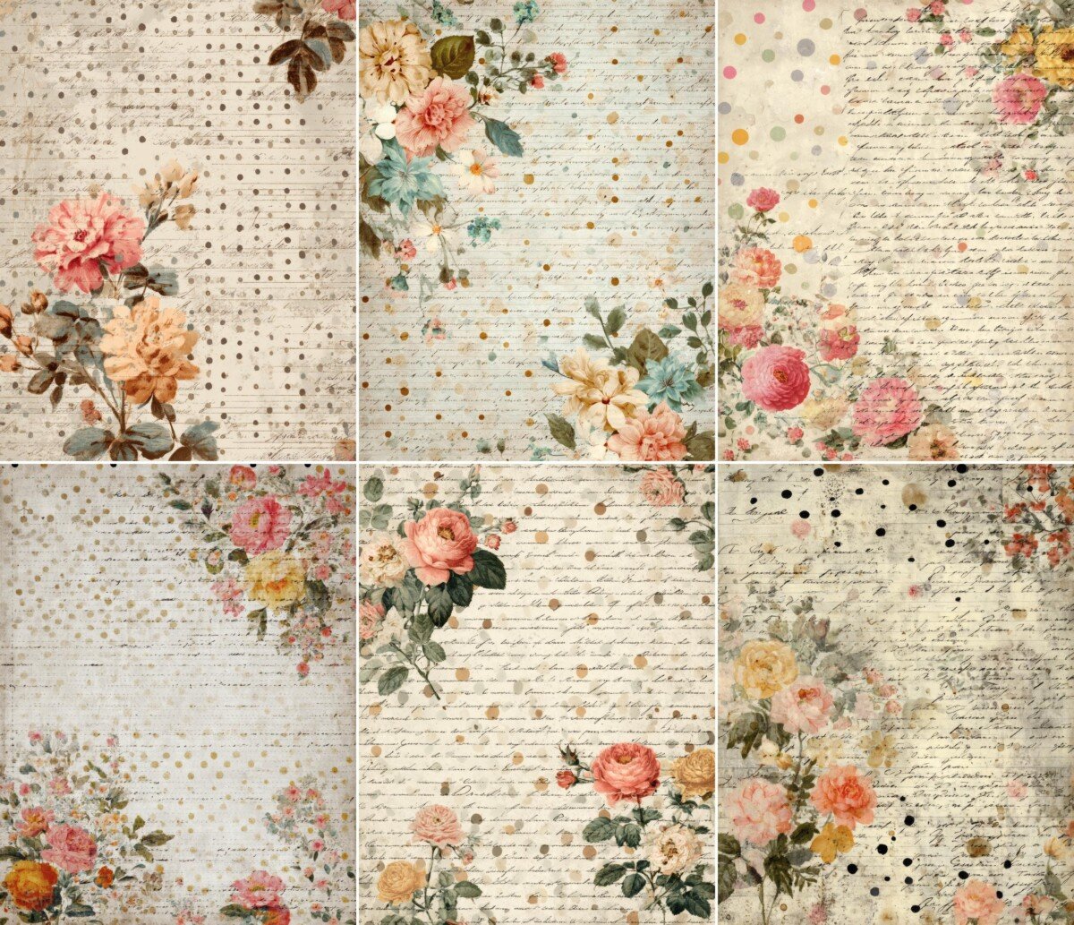 floral – 52 Floral Ledger Cream Grunge Junk Journal Pages