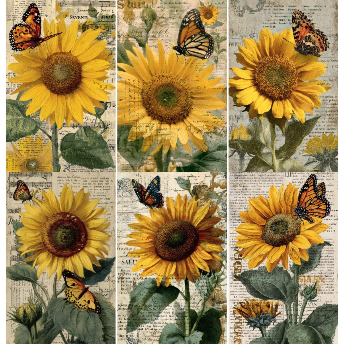 Golden sunflower blooms and butterflies layered over aged handwritten-paper backgrounds.