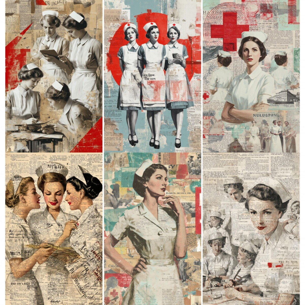 Vintage nurse junk journal pages with uniformed figures and text collage