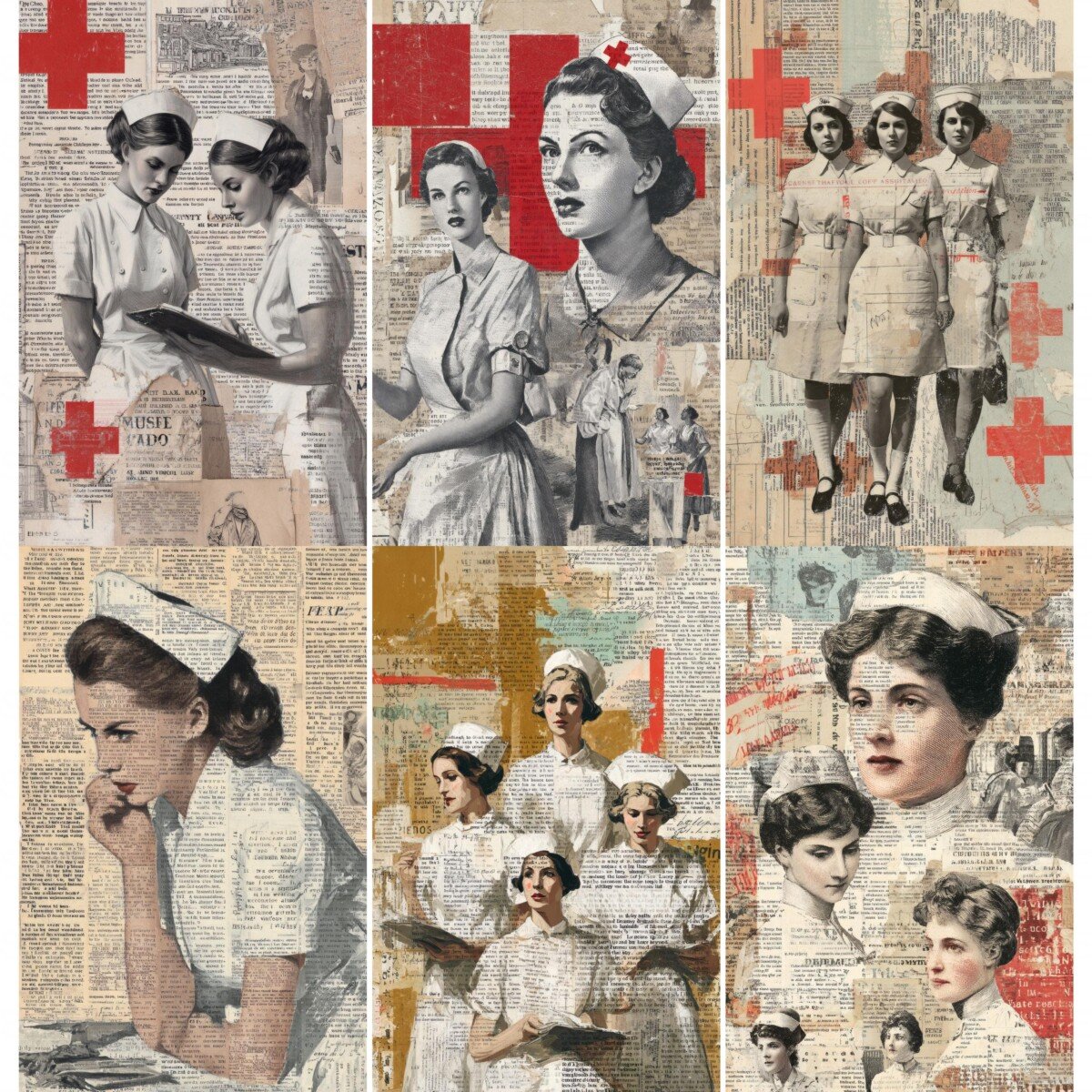 Vintage nurse junk journal pages with uniformed figures and text collage