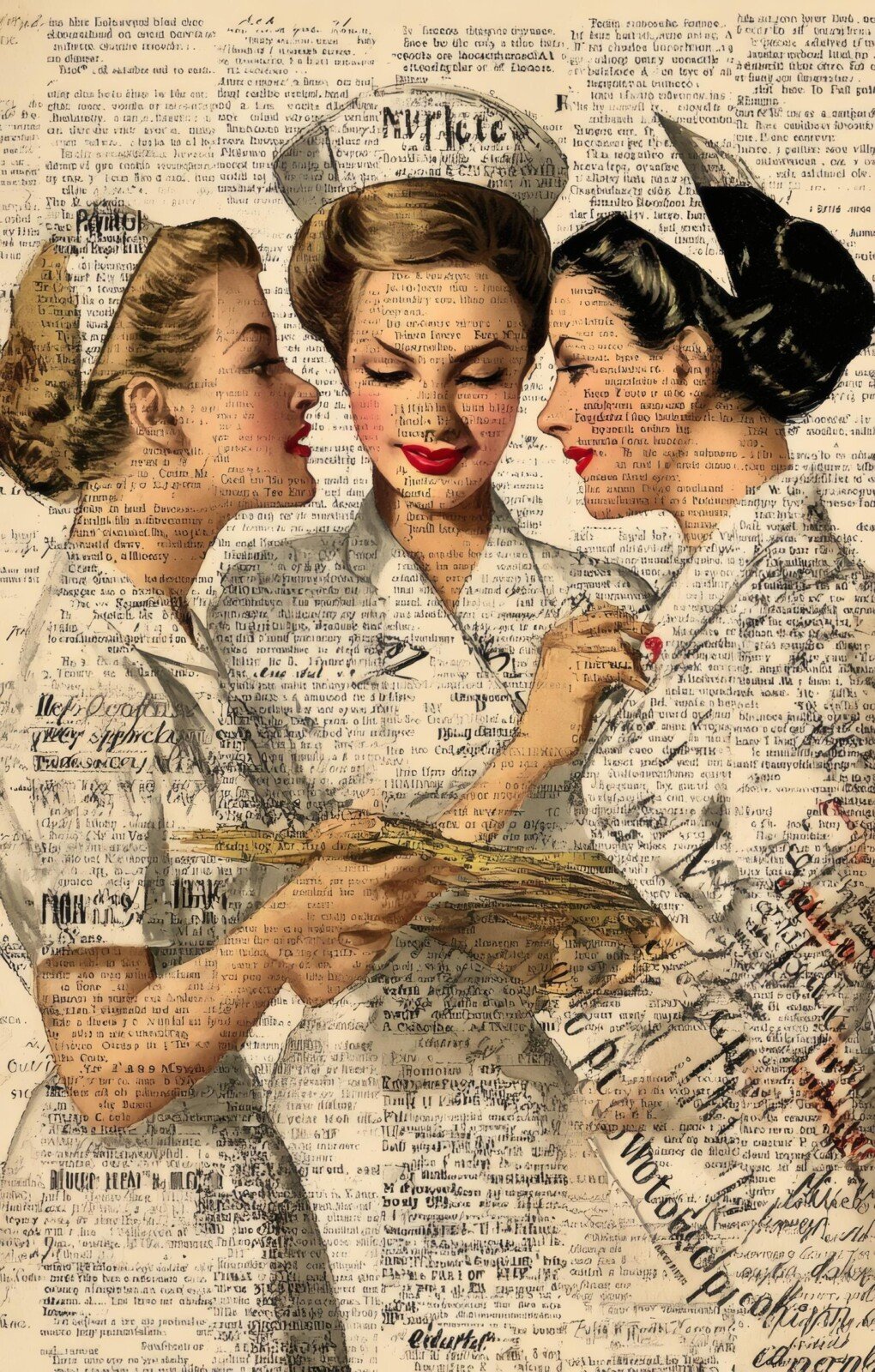 Three vintage-style nurses layered with faded print and script