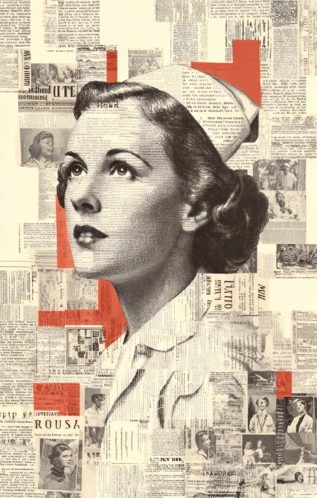 Vintage-style nurse portrait over newspaper collage