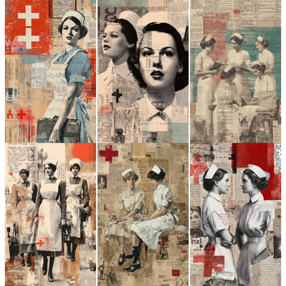 Vintage nurse junk journal pages with uniformed figures and text collage
