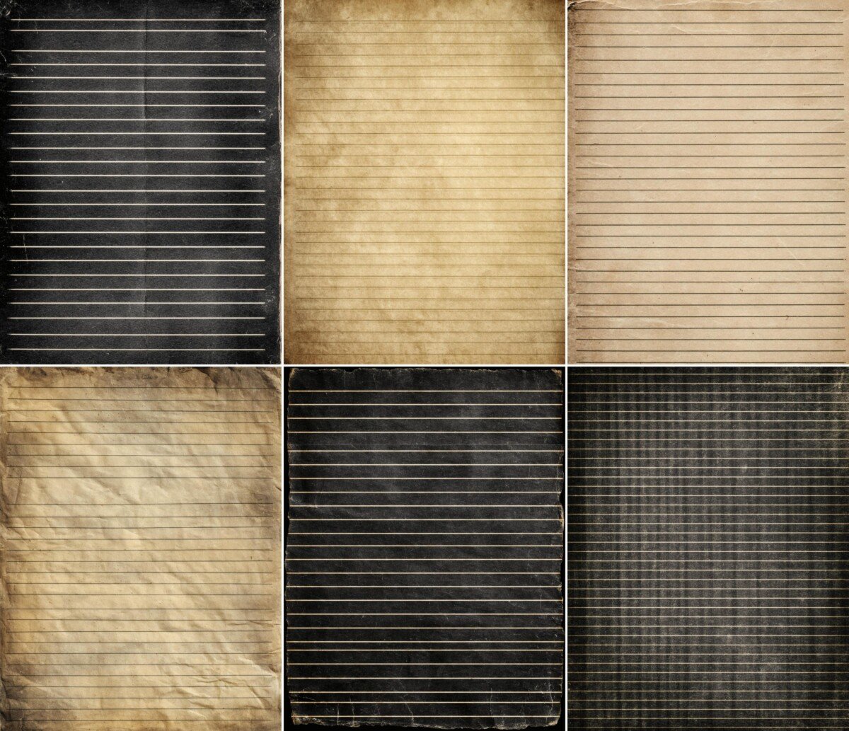 Charcoal, ochre and parchment lined pages with worn paper textures