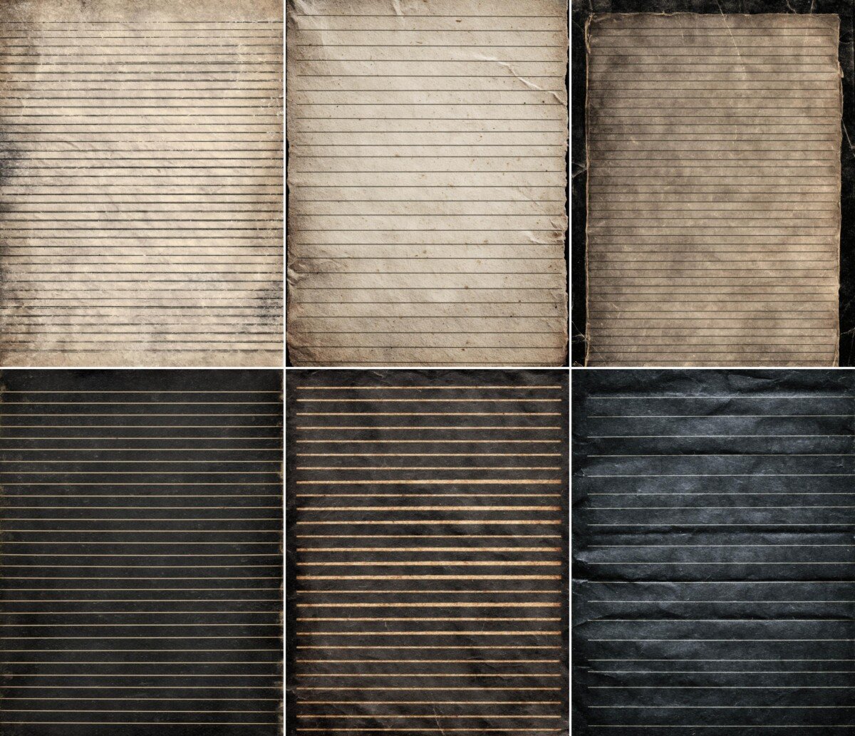 Cream and dark gray writing papers with faded horizontal rules