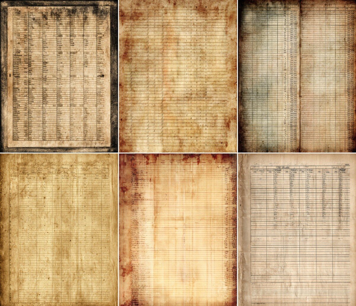 Weathered library record-style pages with sepia columns