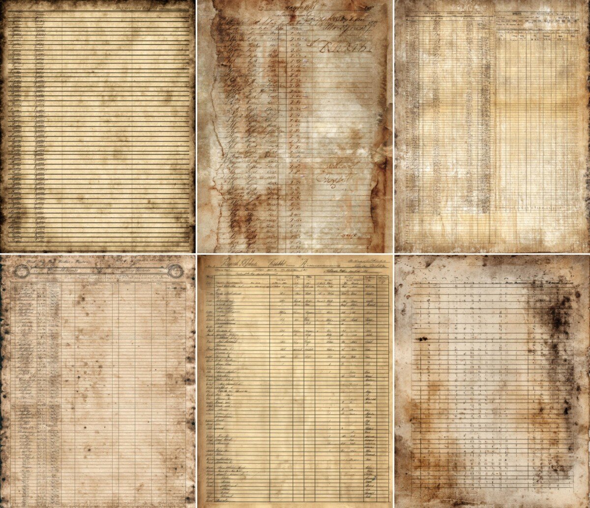 Faded cream register sheets with brown stains and worn corners