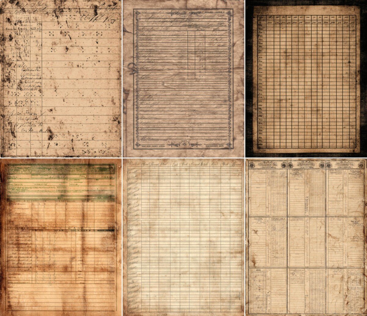 Antique-inspired record sheets with narrow grids and faded headings