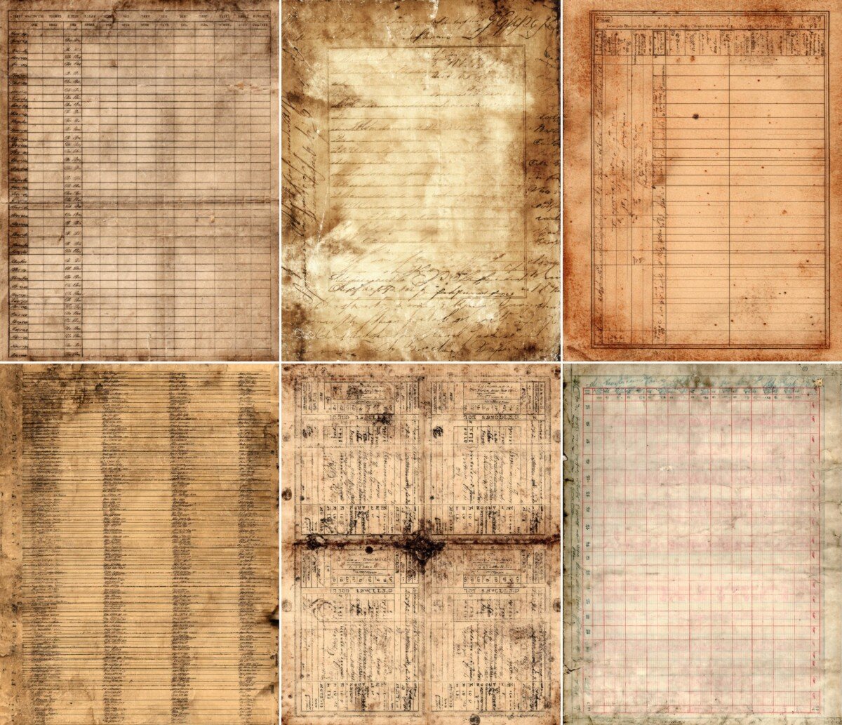 Sepia library-style papers with worn edges and mottled stains