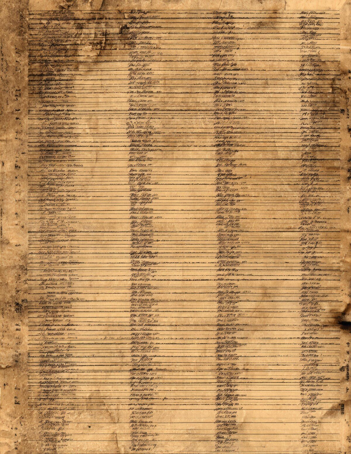 Dark sepia library ledger page with narrow ruled columns