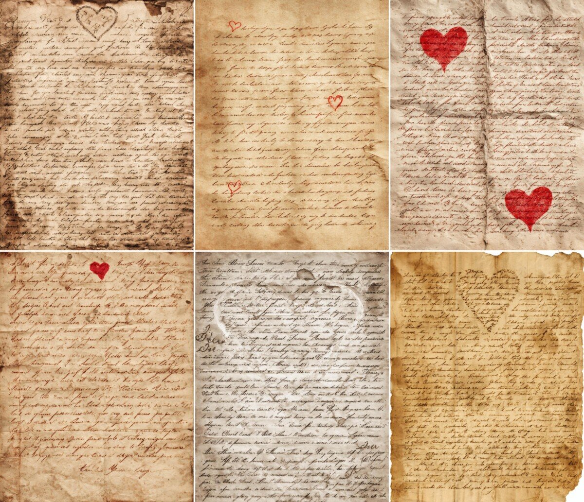 Valentine letter pages with bold red hearts on weathered parchment