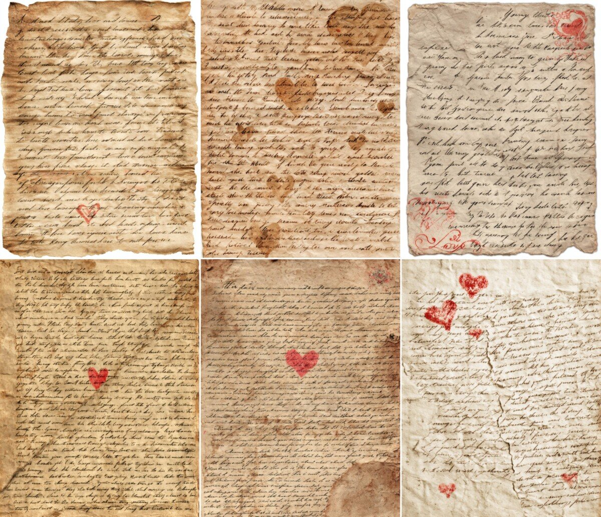 Vintage Valentine stationery imagery with scattered hearts and warm paper shading