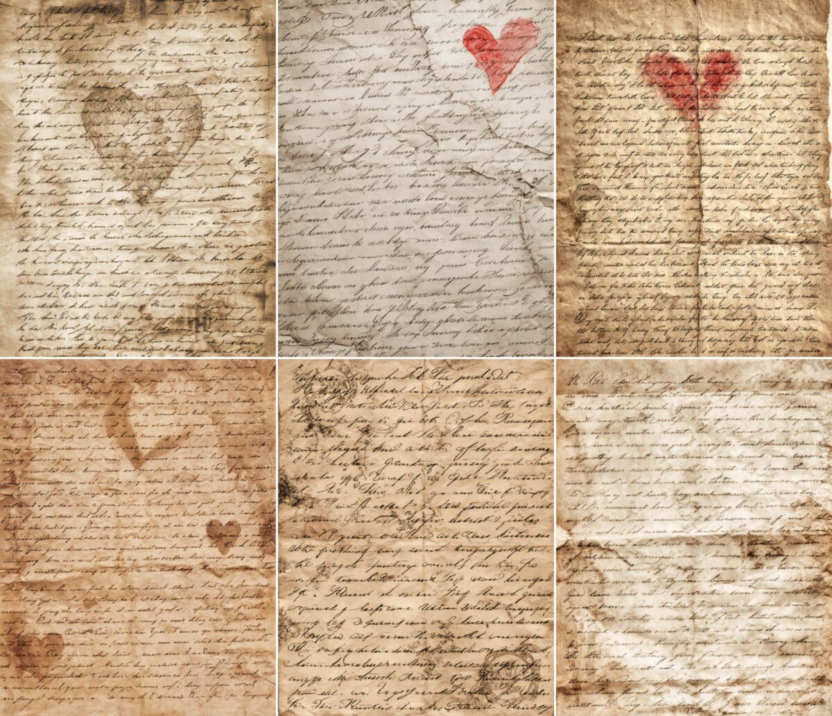 Heart-themed journal pages with red and beige hearts over antique-style script