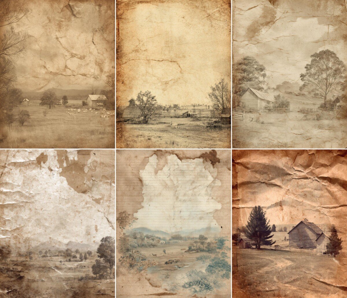 Farm landscape digital paper with open cream areas and sepia rural details