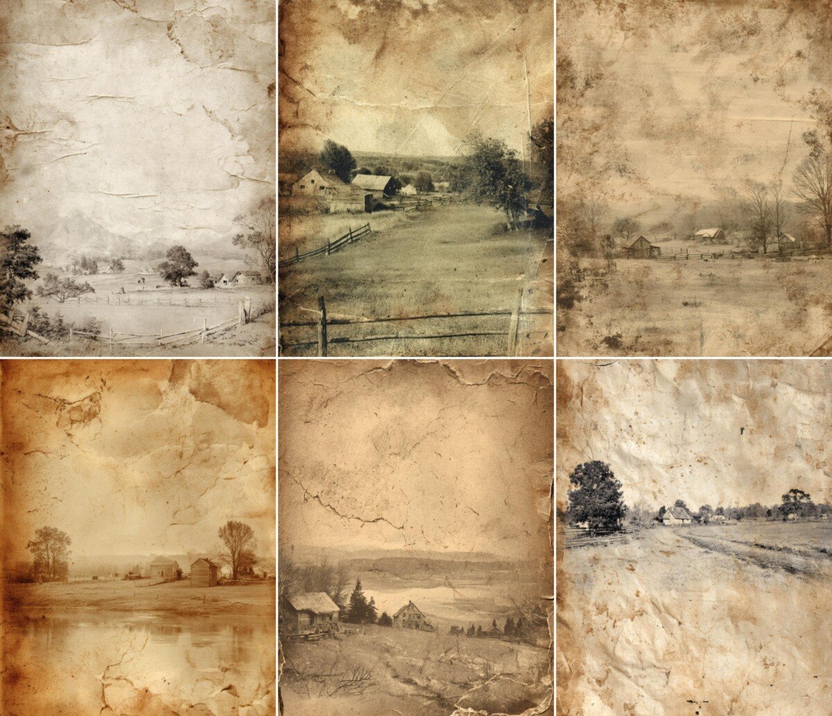 Farm landscape artwork with green fields and weathered cream backgrounds