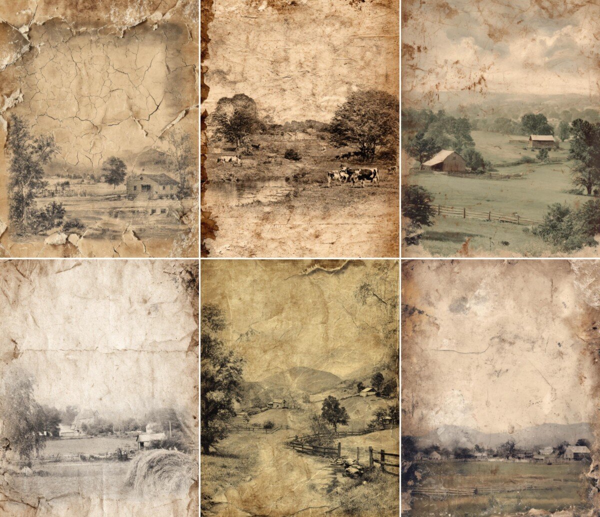 Rustic rural scenery journal pages with trees and faded brown paper textures