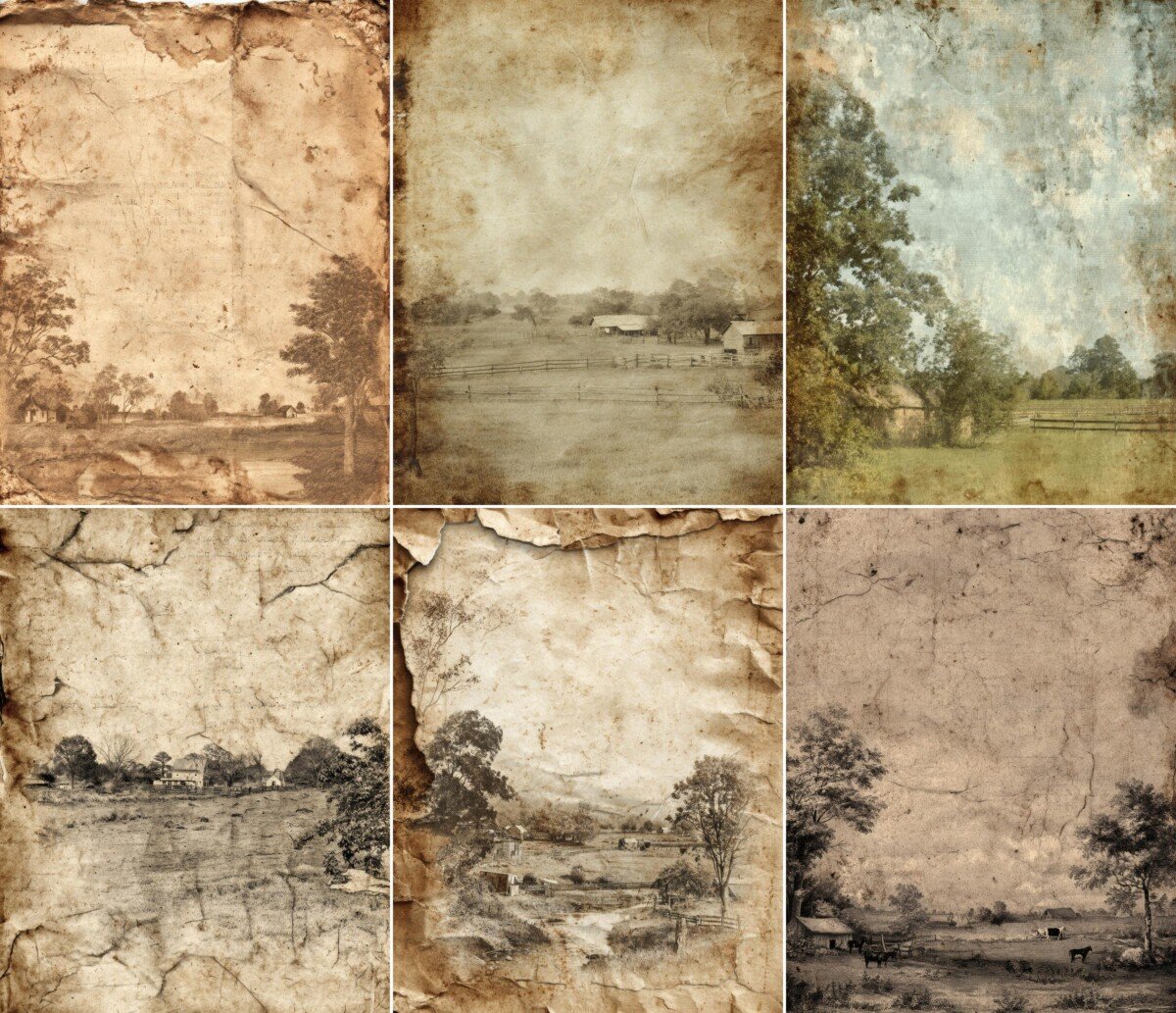 Rustic farm journal backgrounds with trees, fields and distressed paper edges