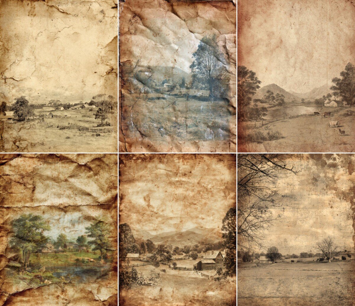 Vintage-inspired countryside pages with muted landscapes and wrinkled paper textures