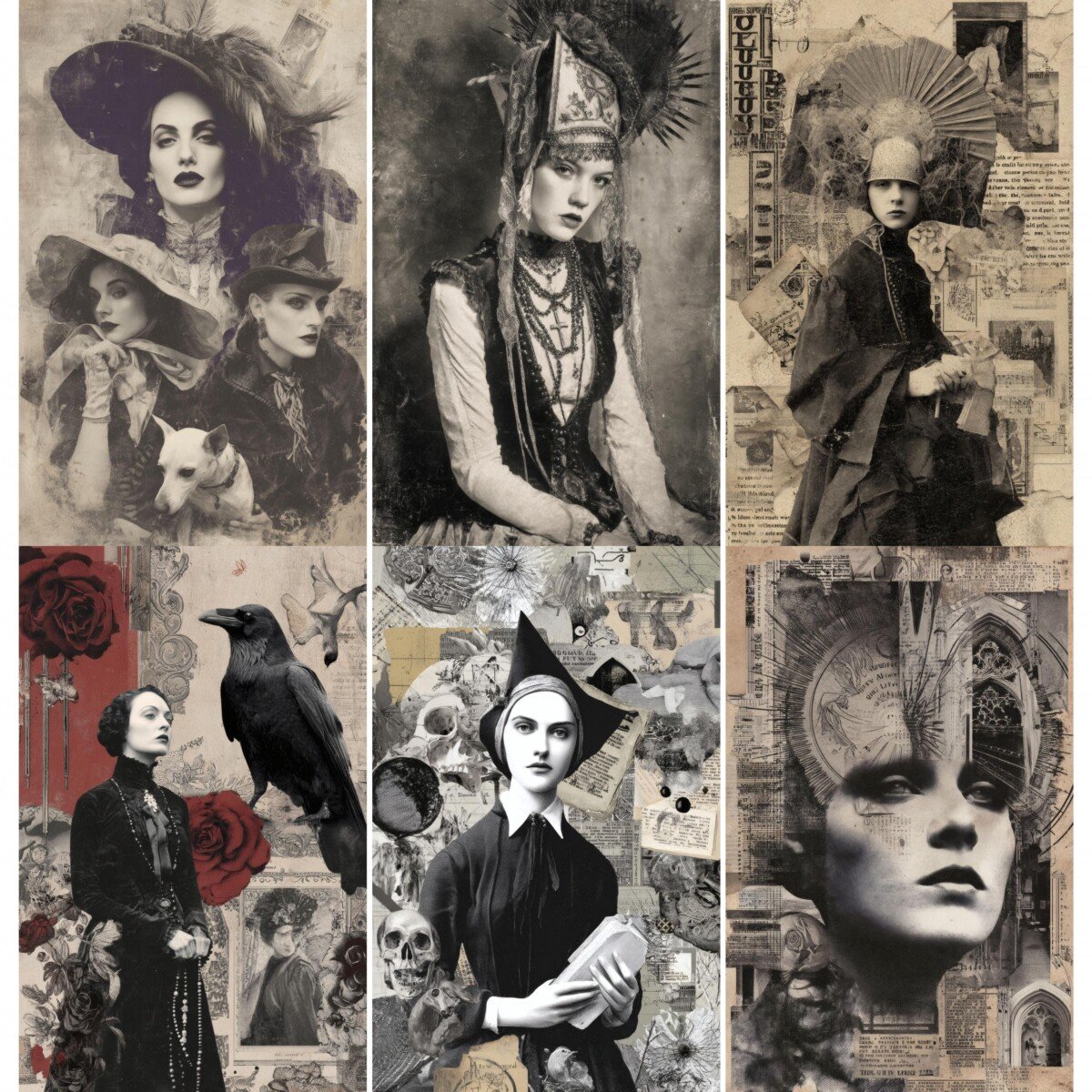 Gothic portrait junk journal pages with dark figures and vintage collage textures