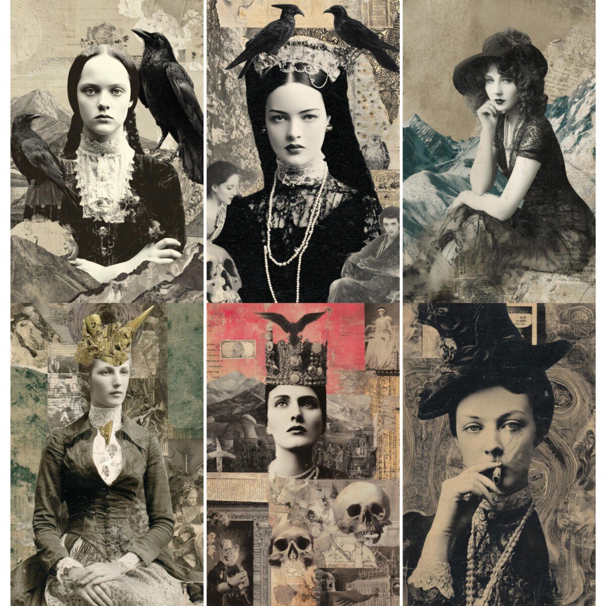Gothic portrait junk journal pages with dark figures and vintage collage textures