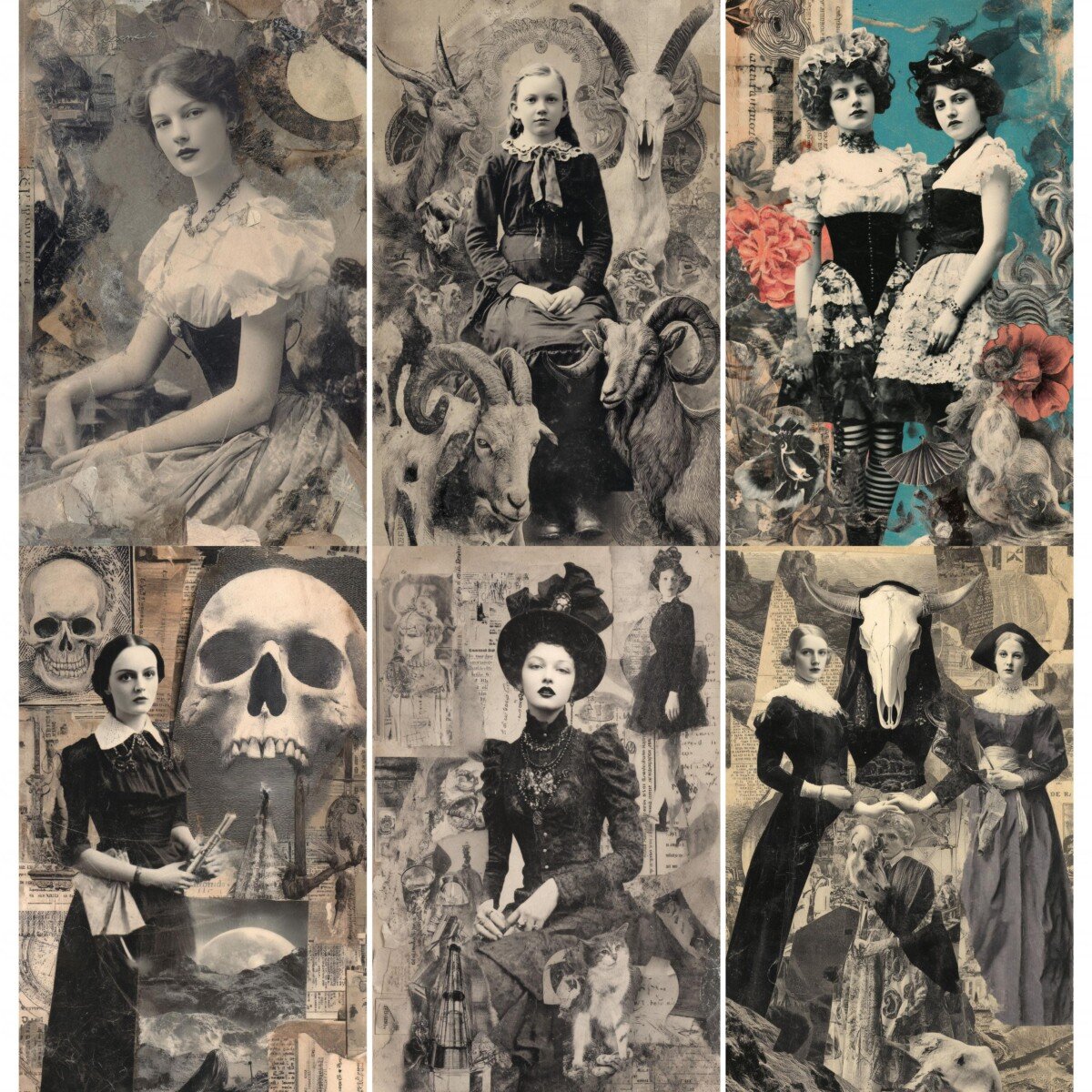 Gothic portrait junk journal pages with dark figures and vintage collage textures