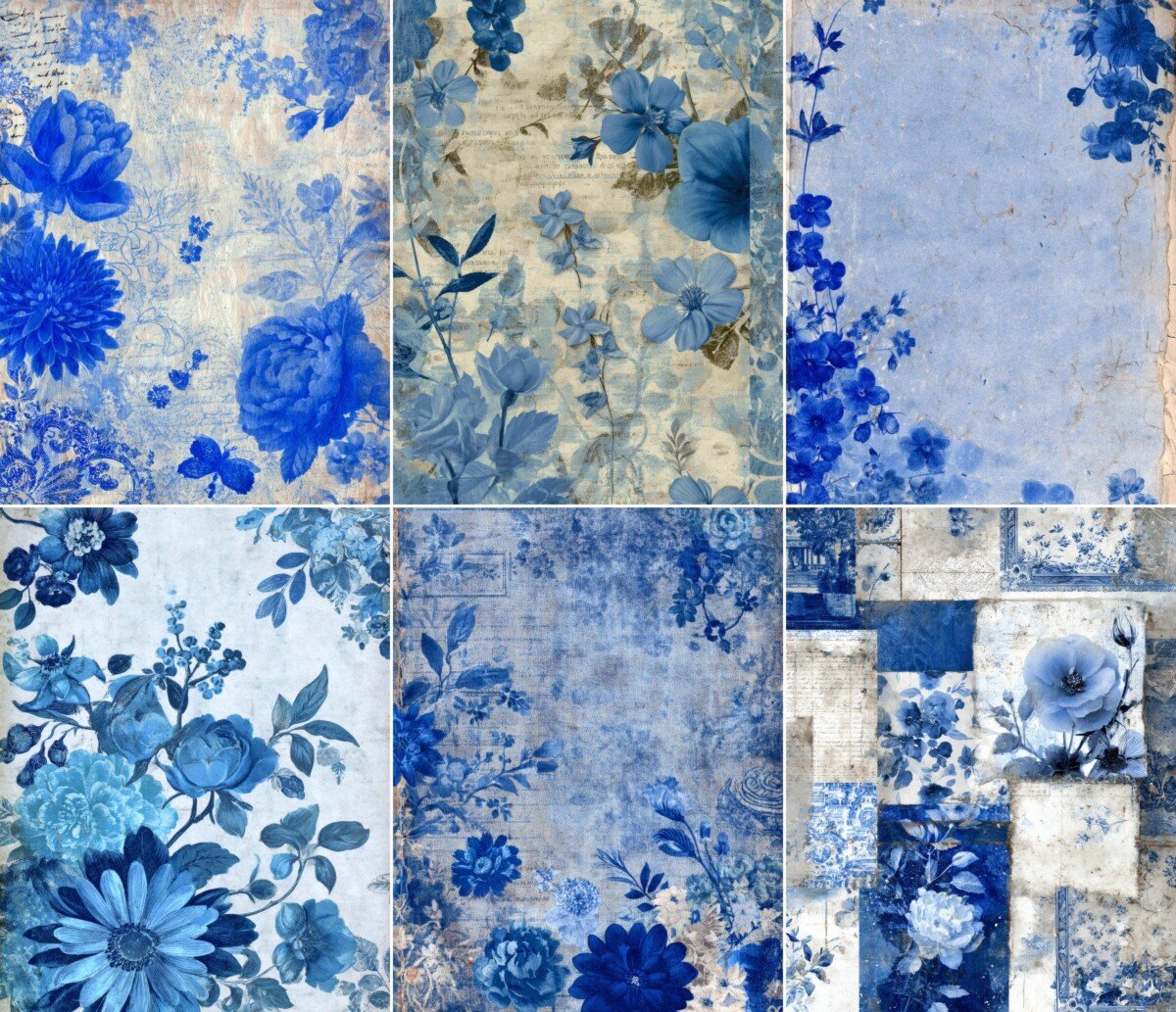 blue junk journal kit – 52 Blue Junk Journal Kit Vintage Floral Pages