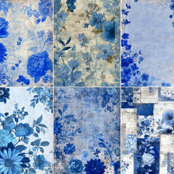 blue junk journal kit – 52 Blue Junk Journal Kit Vintage Floral Pages
