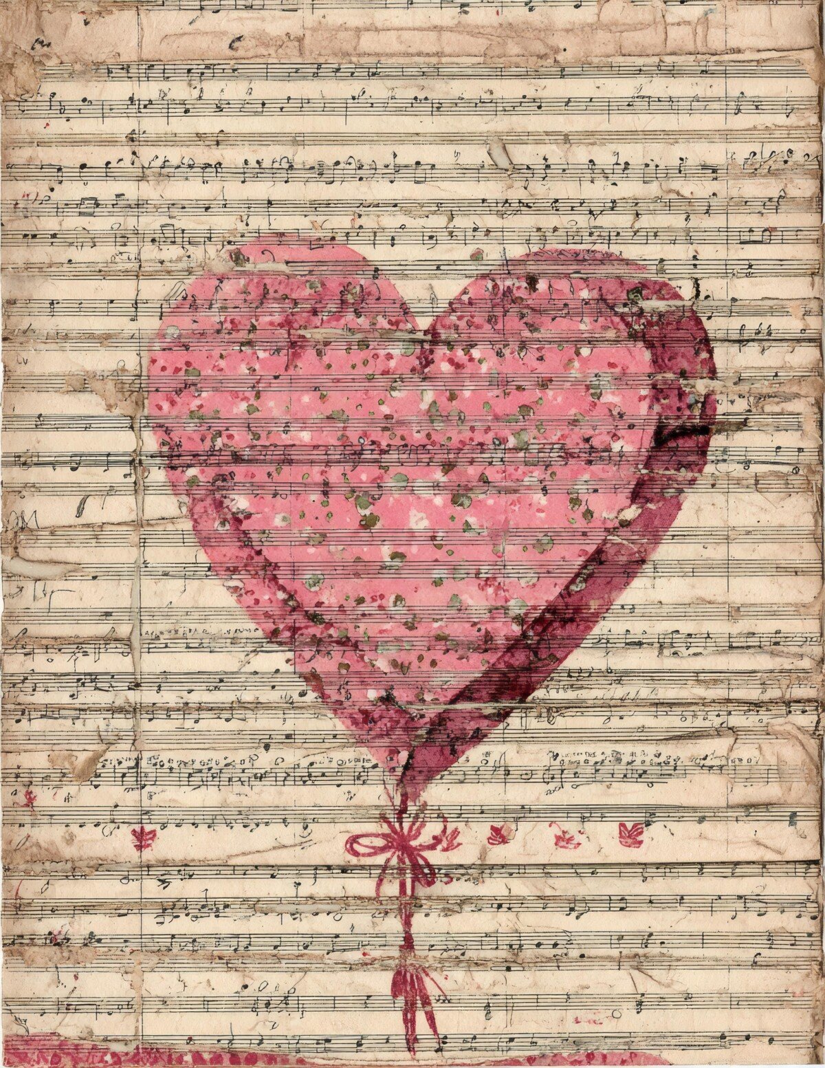 Large pink heart over a faded music-style background