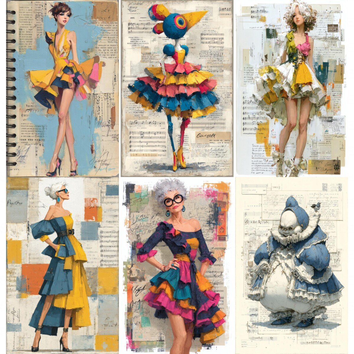 Expressive couture lady illustrations on textured fashion digital paper