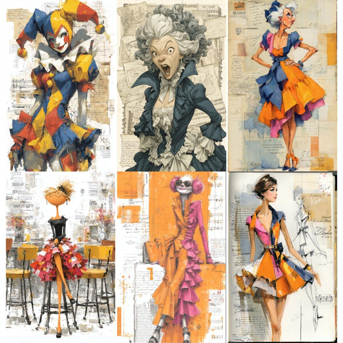 Expressive couture lady illustrations on textured fashion digital paper