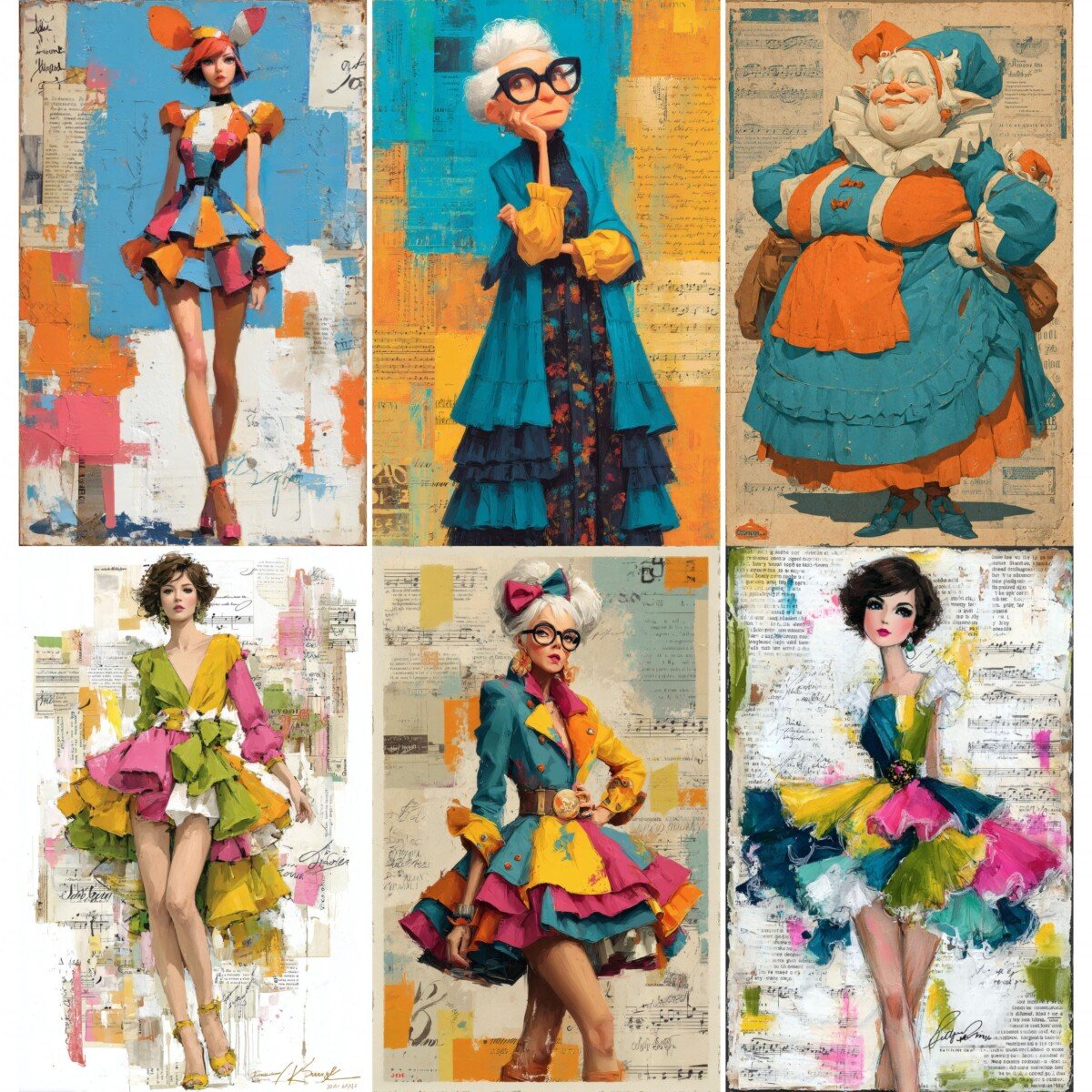 Expressive couture lady illustrations on textured fashion digital paper