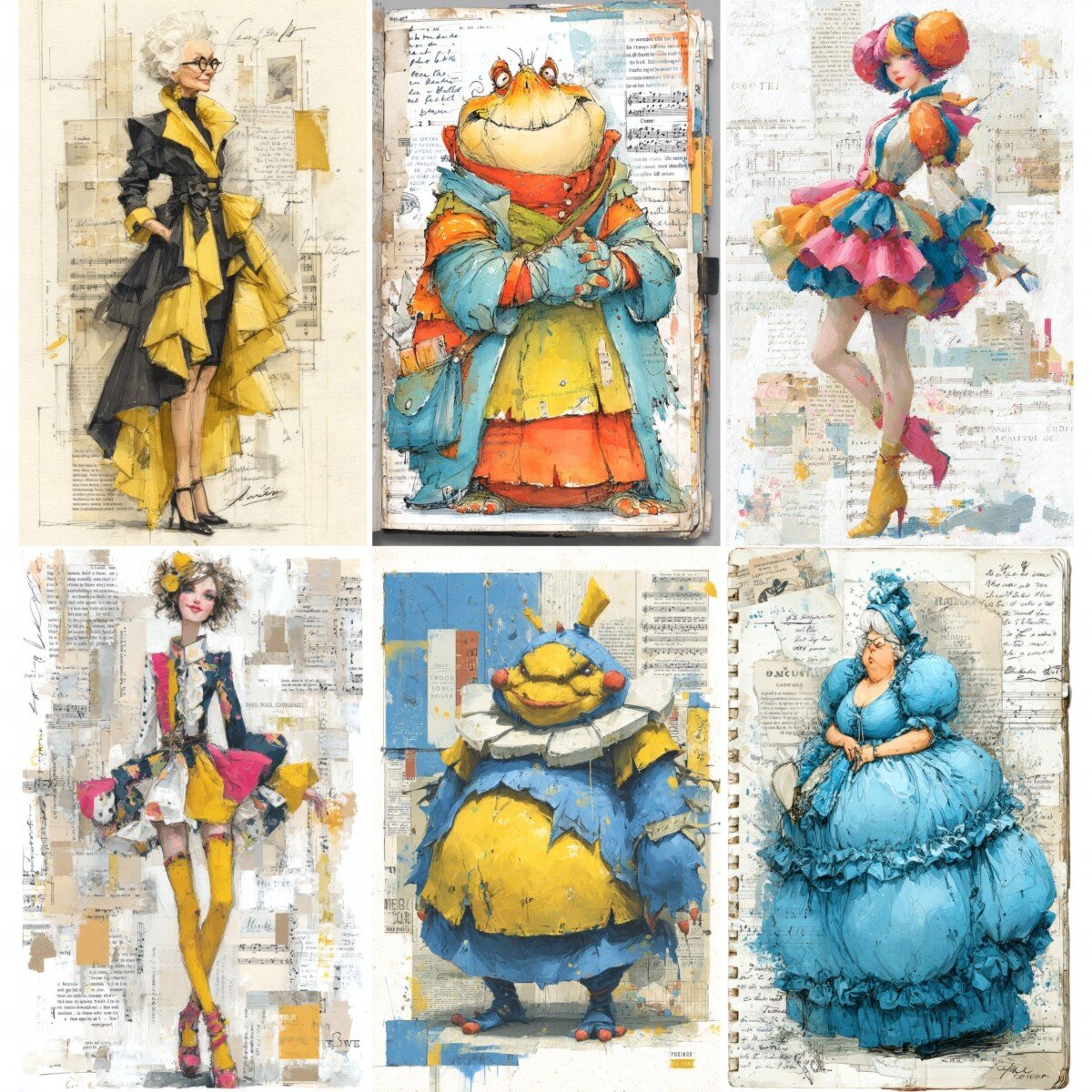 Expressive couture lady illustrations on textured fashion digital paper