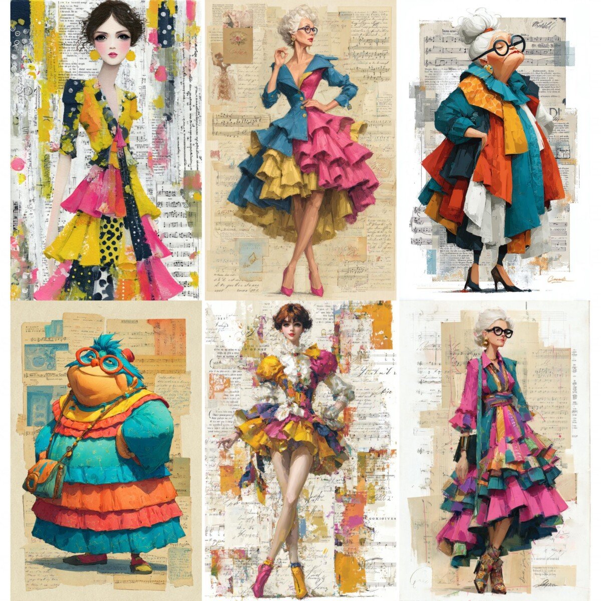 Expressive couture lady illustrations on textured fashion digital paper
