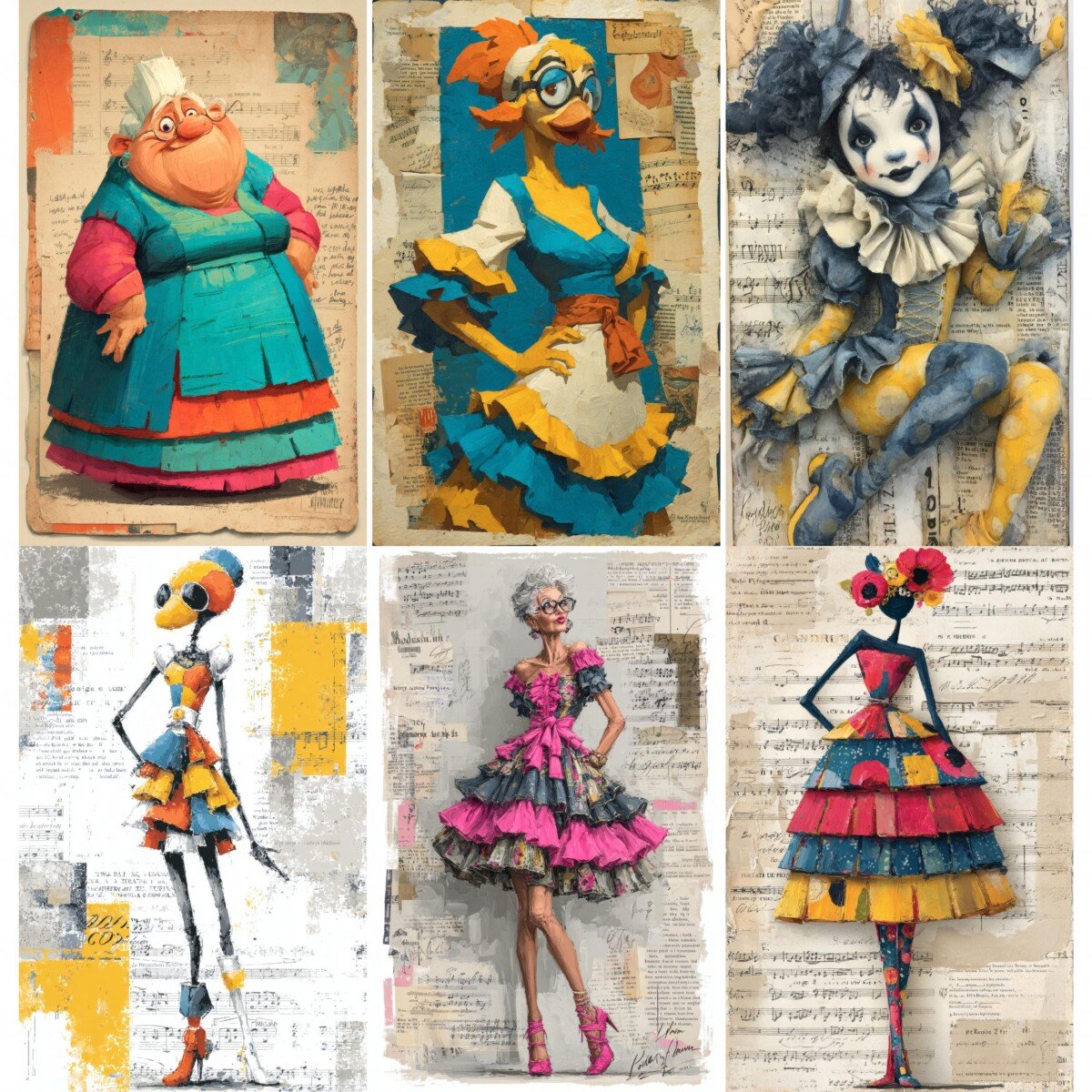Expressive couture lady illustrations on textured fashion digital paper