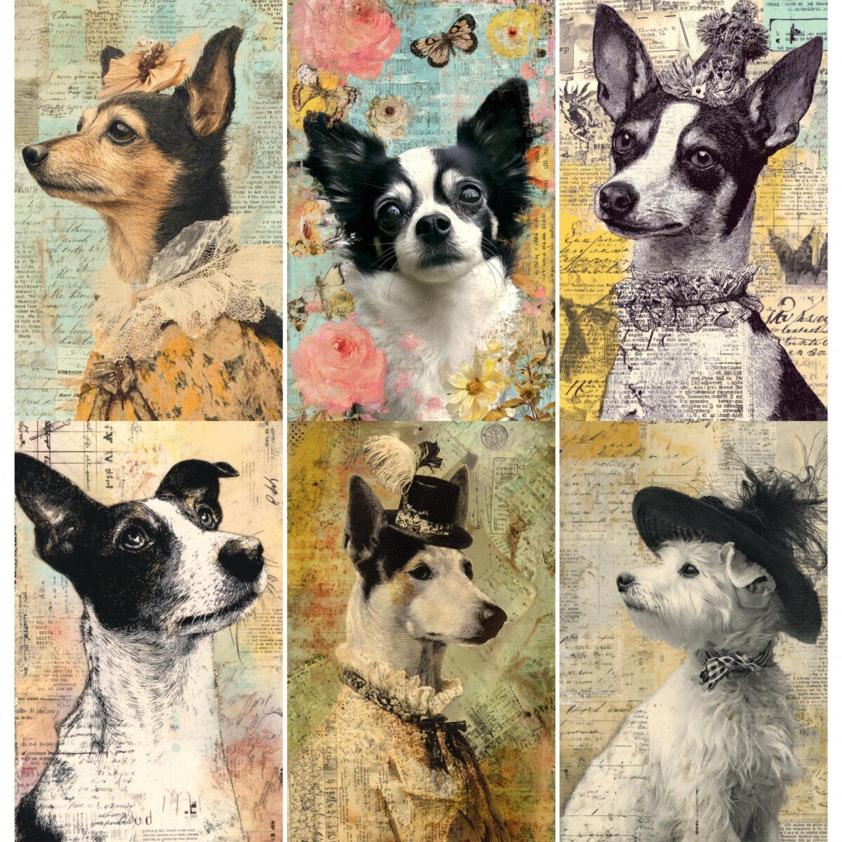 Whimsical dog portraits with vintage paper and decorative hats, preview 6