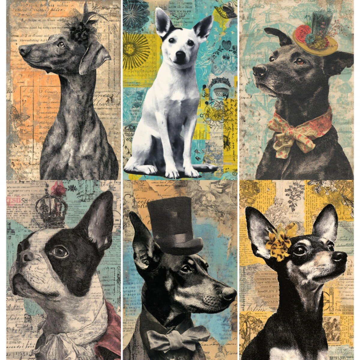 Whimsical dog portraits with vintage paper and decorative hats, preview 4