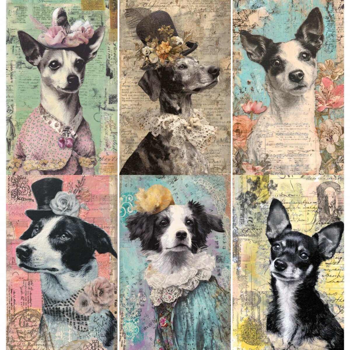 Whimsical dog portraits with vintage paper and decorative hats, preview 7
