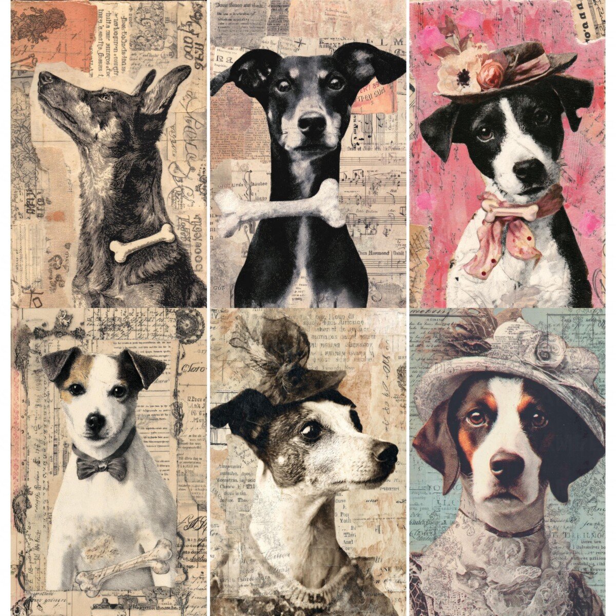 Whimsical dog portraits with vintage paper and decorative hats, preview 8