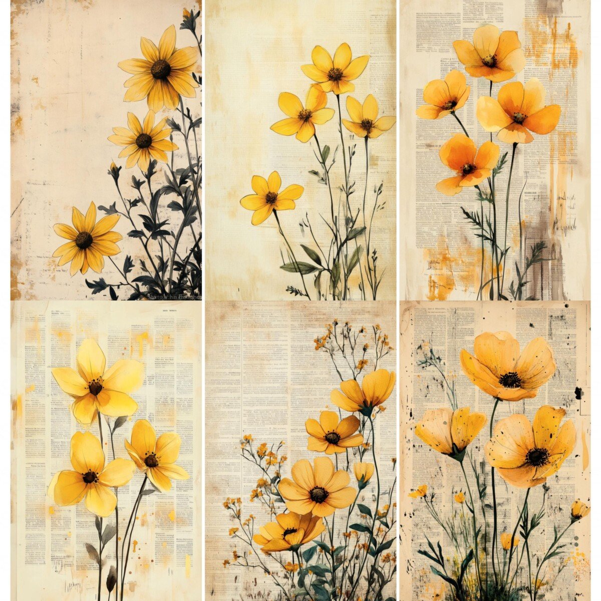 Yellow watercolor flowers and worn text backgrounds