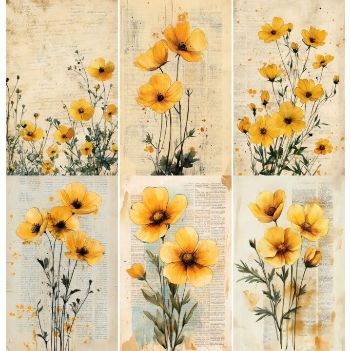 yellow – 52 Yellow Floral Scrapbook Junk Journal Pages