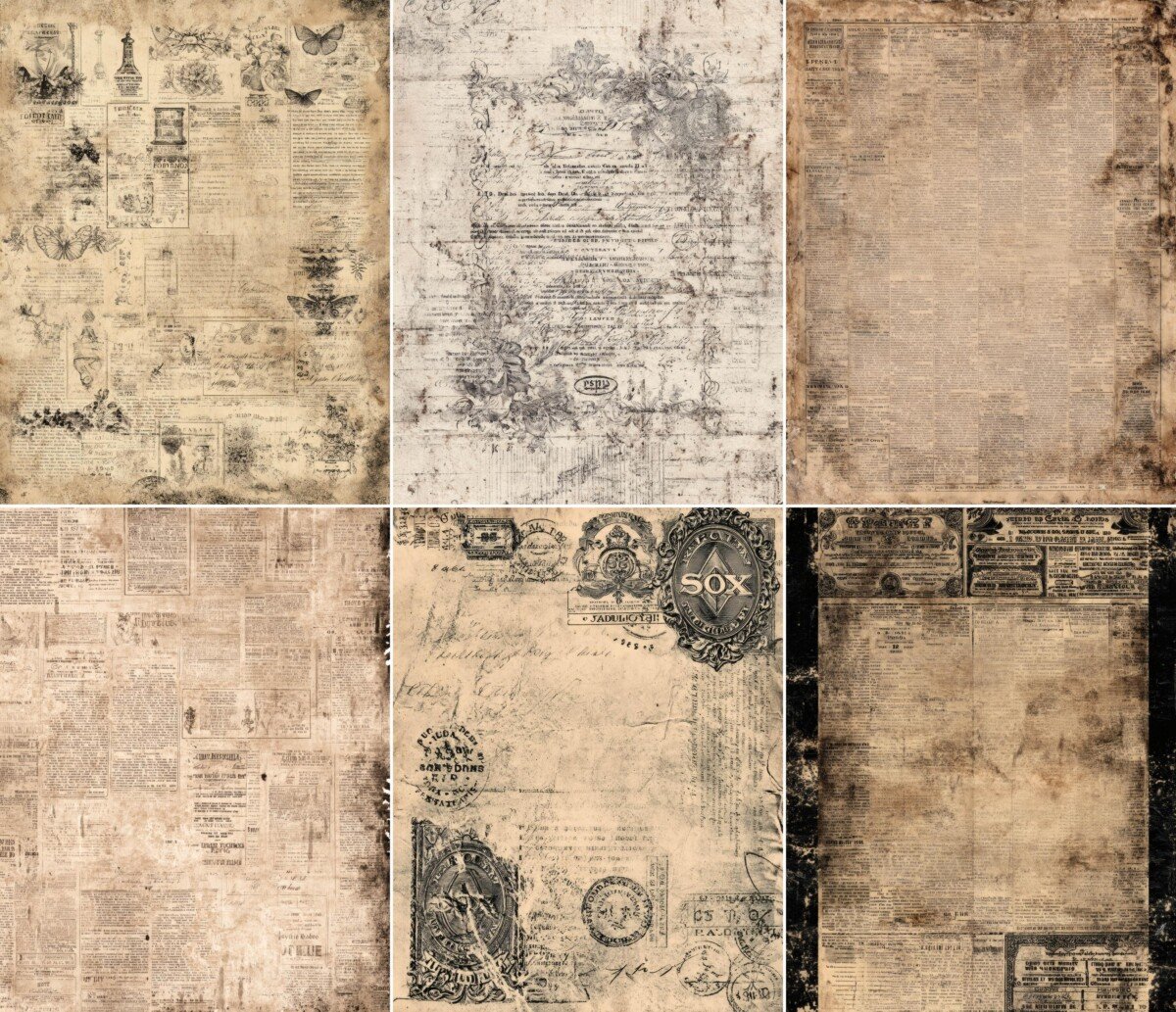 Old-print paper backgrounds with decorative lettering and distressed textures
