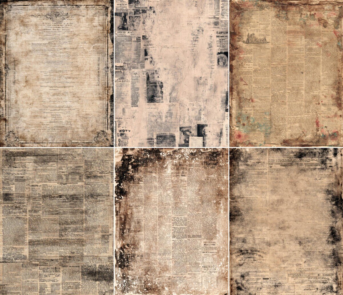Aged advertisement-inspired journal pages with print fragments and warm brown textures