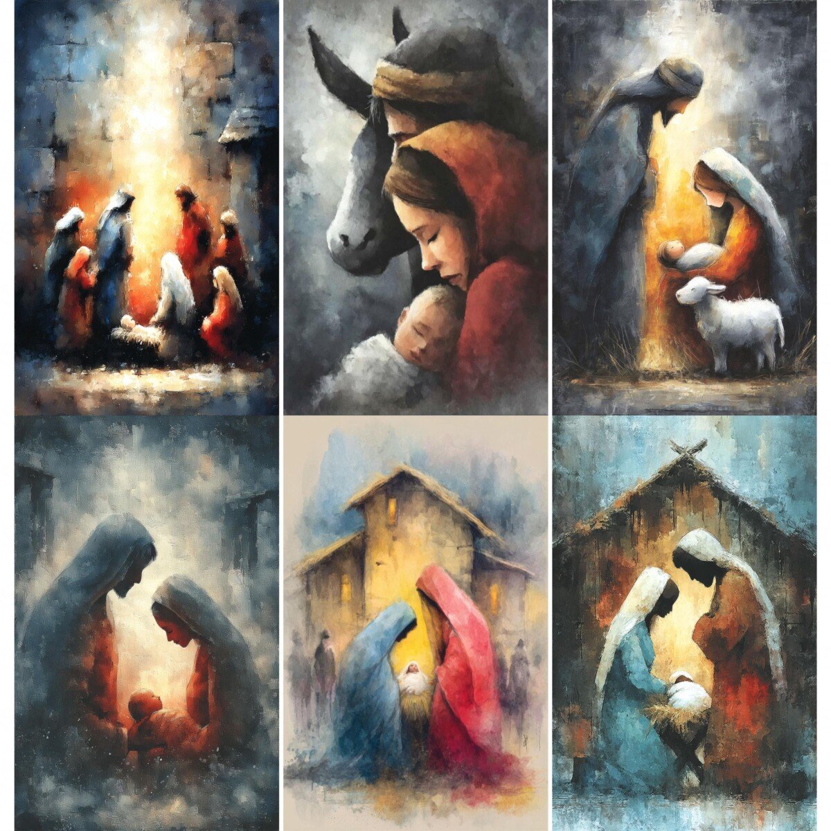 Nativity junk journal pages with softly painted Christian Christmas scenes