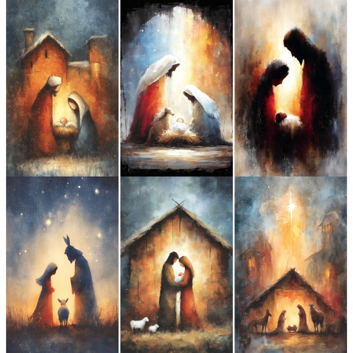 Nativity story journal pages with glowing light and painterly Christmas figures