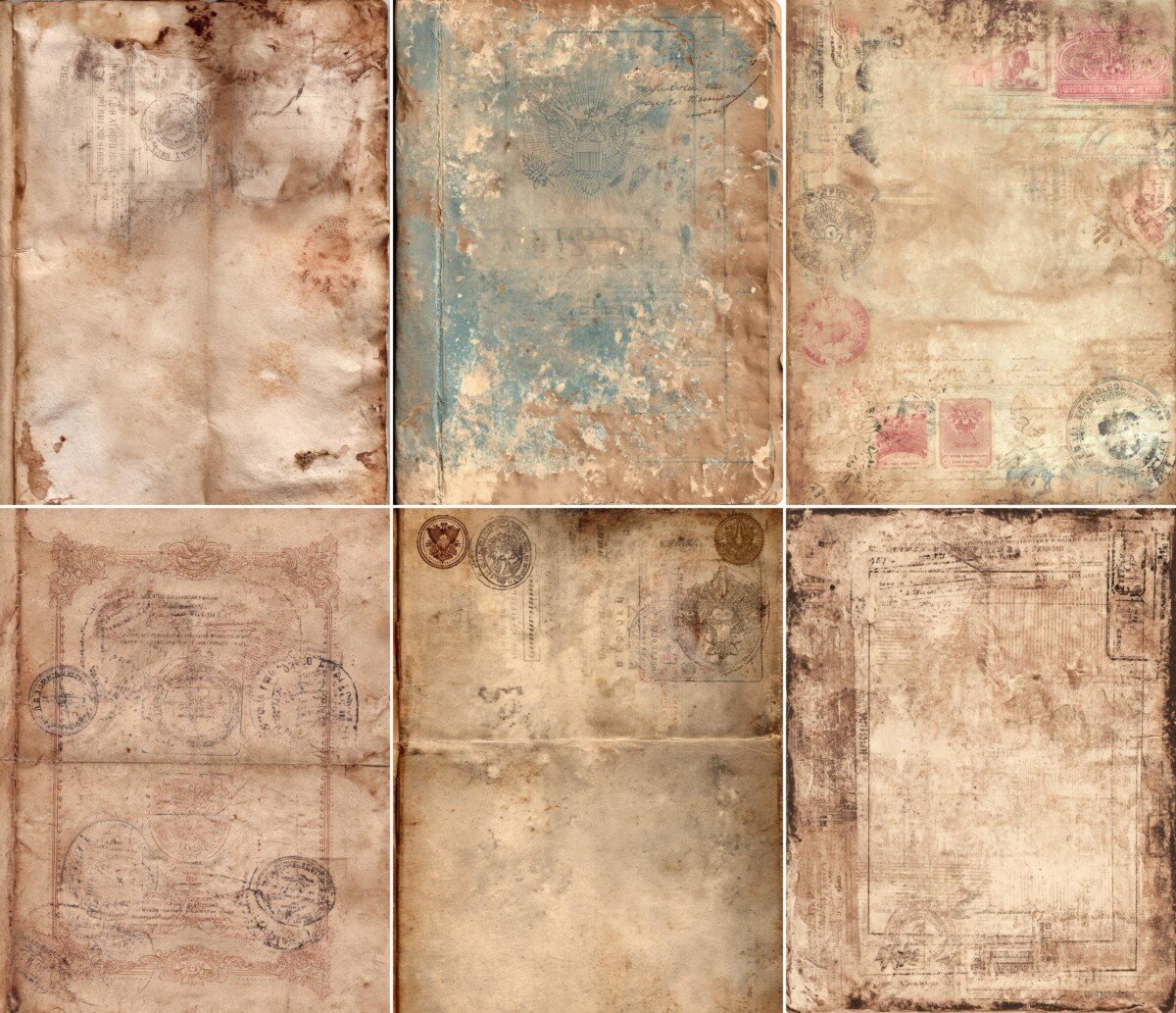 Antique-style travel paper collage with teal and brown mottled textures