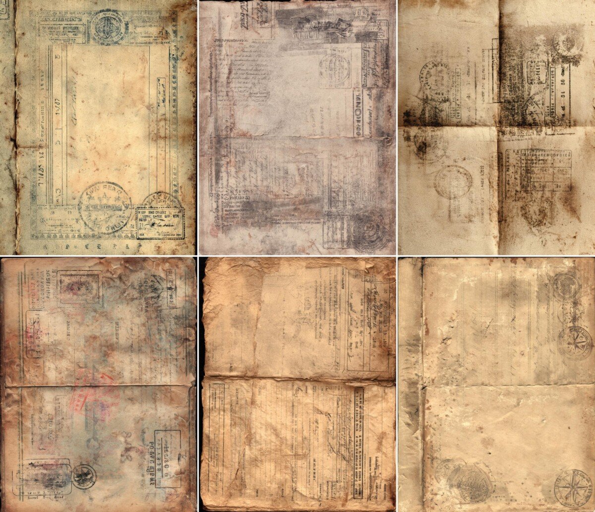 Vintage document paper previews in muted cream, brown and pale green