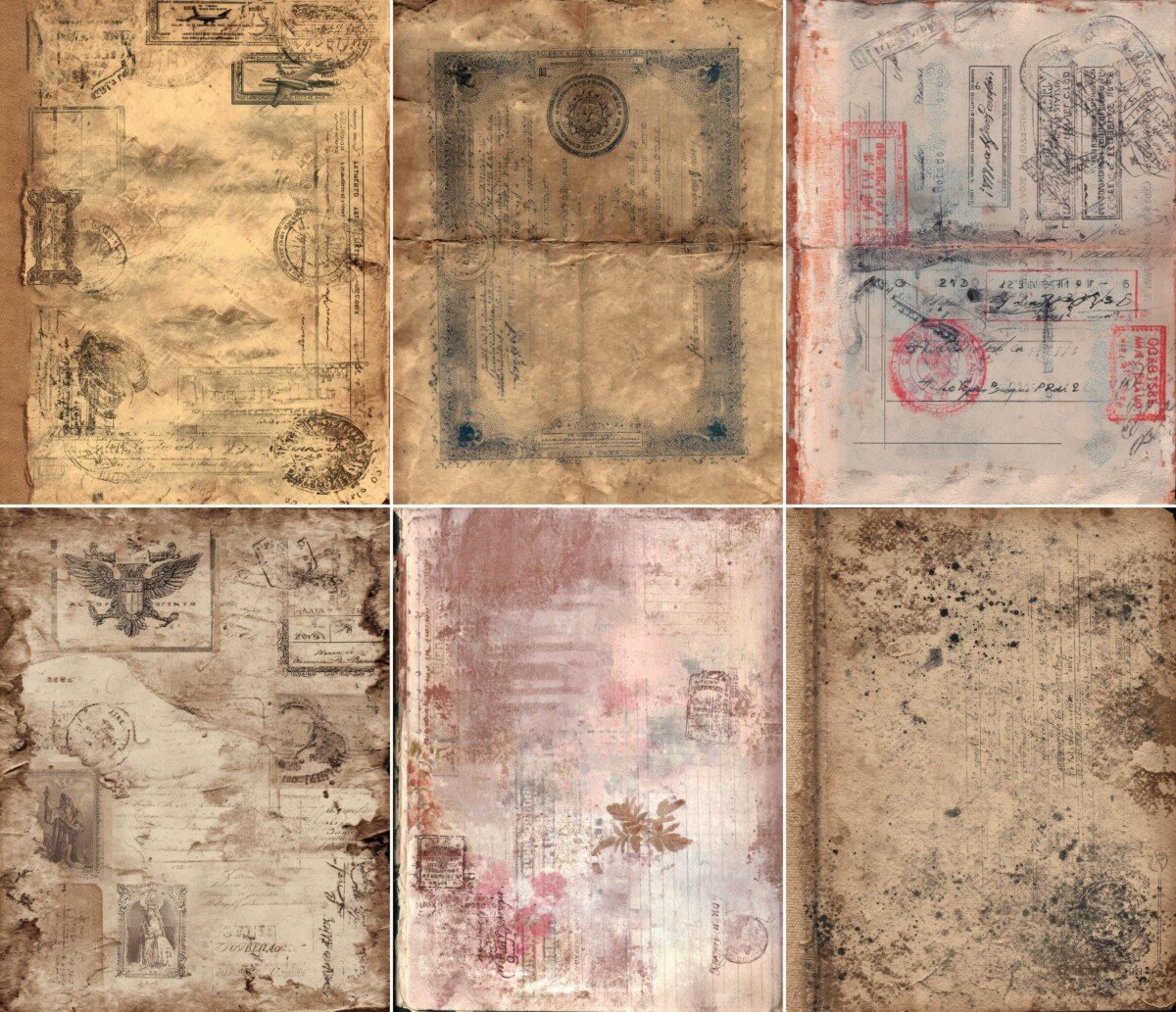 Aged travel document paper collage with faded frames and stamp-like marks