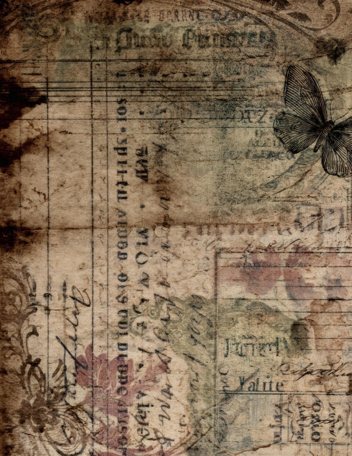 Dark sepia document paper with faint ruled details and aged ink textures