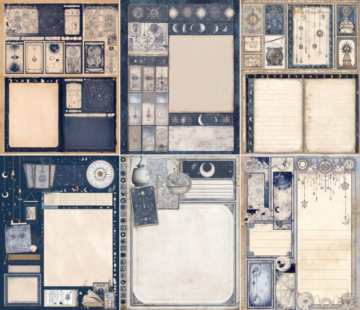 Divination-themed journal pages with star charts and lined ivory sections