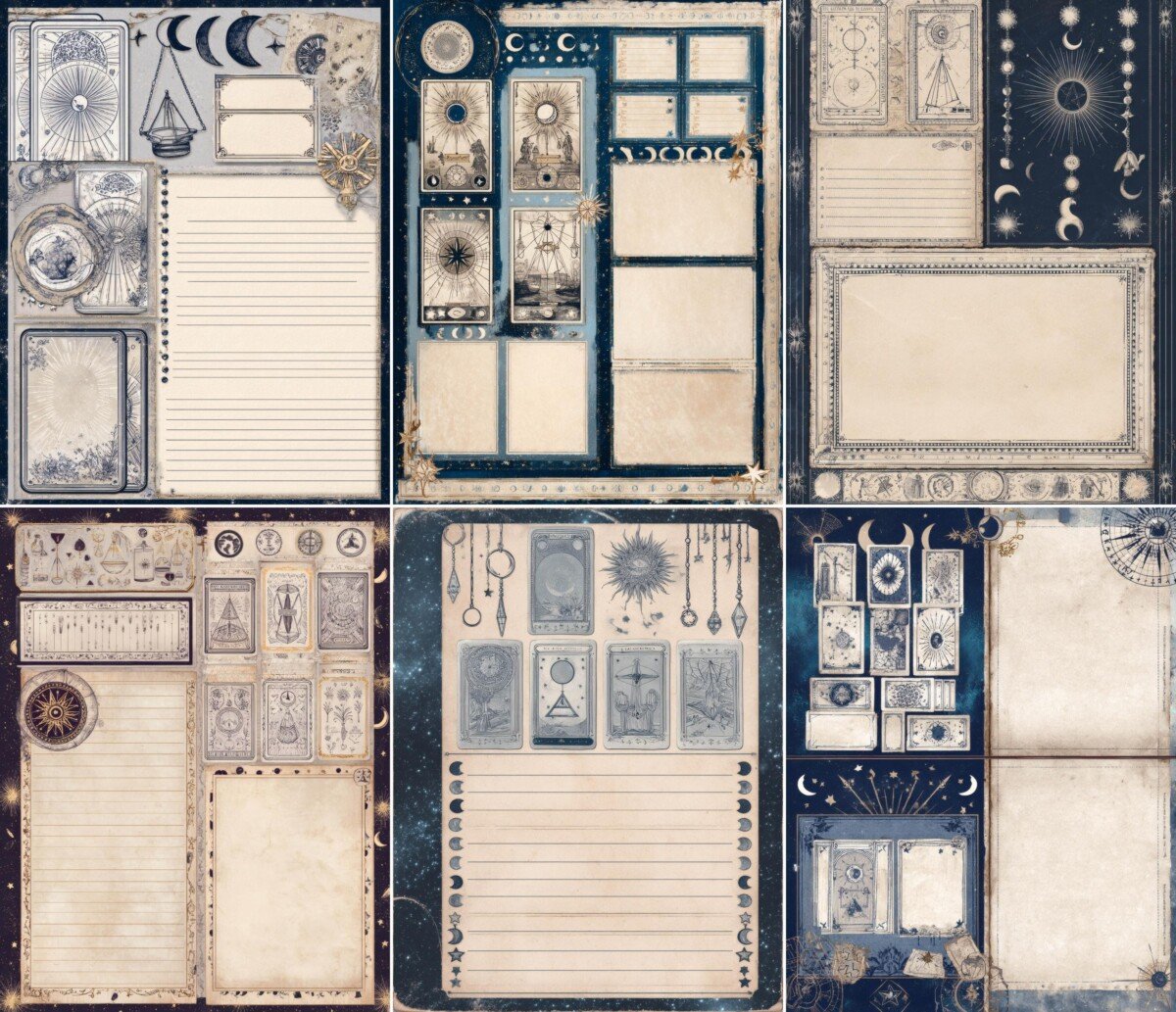 Tarot and pendulum digital papers with decorative celestial diagrams and aged borders